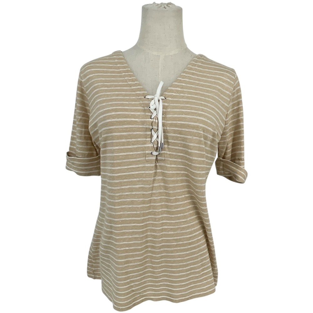 LAUREN Ralph Lauren Striped Lace Up V Neck Rolled Sleeve Top S/P Tan Linen Blend